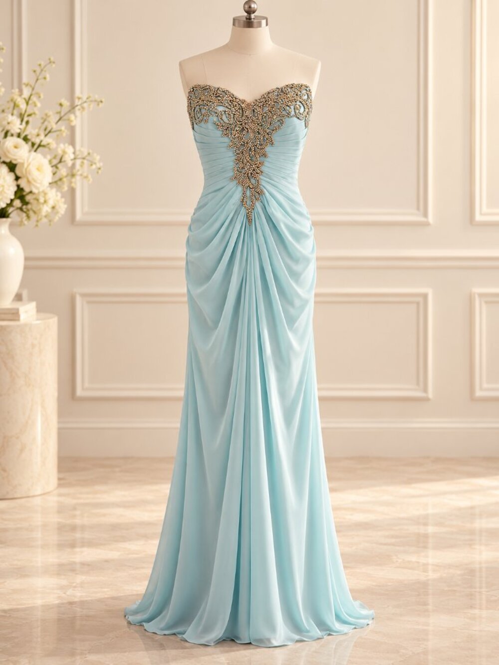 La Femme Light Blue Strapless Beaded Ruched Evening Gown Size 2
